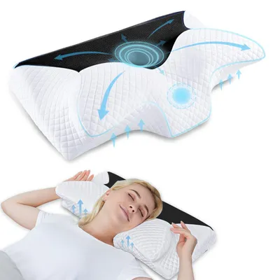 Image de Omgoods - Oreiller en mousse à mémoire de forme orthopédique - Soutien ergonomique pour la nuque, adapté aux personnes dormant sur le côté, sur le dos et sur le ventre (noir)