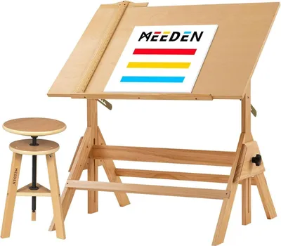 Zdjęcie produktu dla MEEDEN drewniany stół kreślarski 96x60cm taboret artystyczny o regulowanej wysokości