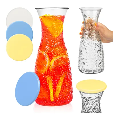 Zdjęcie produktu dla SuperButelki - Karafka szklana 1l ze wzorem, tłoczenie LIŚCIE, mrożone szkło, dzbanek na wodę, lemoniadę, sok, napoje, wino, niebanalny design