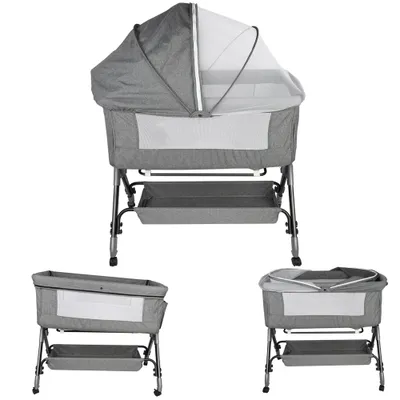 Produktbild von 2 in1 Beistellbett Baby,Babybetten Reisebett Babybett Höhenverstellbar, neigbar, Kinderbett inkl. Matratze und Moskitonetz Grau