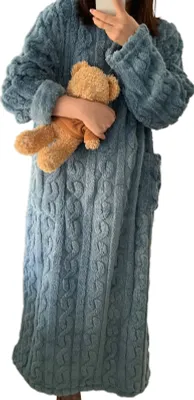 Produktbild von Herbst-Winter-Nachthemd, dickes Korallenvlies, lose Taschen, warm, einfarbig, Rundhalsausschnitt, verdrehte Textur, lange Ärmel, volle Länge, Thermo-Homewear, Damen-Nachthemd