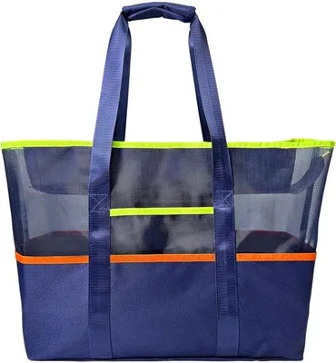 Produktbild von Unyqoos® Große, faltbare Strandtasche mit Reißverschluss – wasserabweisendes Oxford, 43–60×17×34 cm, 309 g, dunkelblau, mit wasserdichtem Innenfach und 6 Außentaschen