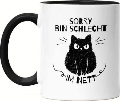 Produktbild von Sorry Bin Schlecht Im Nett Tasse Schwarz mit Katzen und Herzen Motiv für Katzenliebhaber Katzenliebe Miau Mieze Büsi