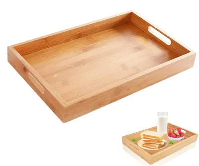 Produktbild von Holztablett mit Griffen - Große Servierplatte aus Bambus (40 x 29 x 4,3 cm)