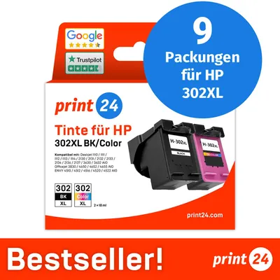 Image de NOUVEAU : print24 Cartouches d'encre pour HP 302XL, multipack (BK/C/M/Y), 9 pièces