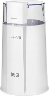 A white electric coffee grinder with a transparent lid, shown from a front-facing diagonal angle.