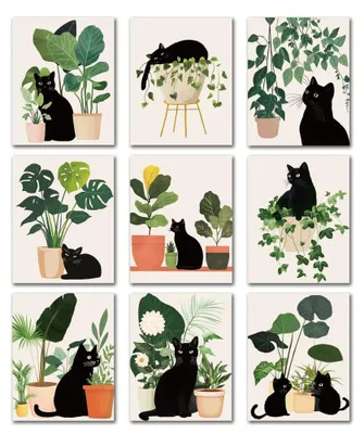 9er Set Boho Katzen-Leinwandbilder 20x25 cm ungerahmt