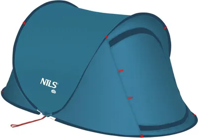 A blue pop-up camping tent is shown against a white background.