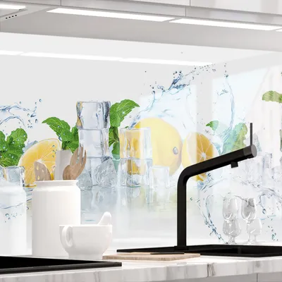 Produktbild von Küchenrückwand selbstklebend Glasoptik - ZITRONEN SPLASH - 1.8mm, versteift, alle Untergründe, Hart PET Material, PREMIUM 60 x 80cm