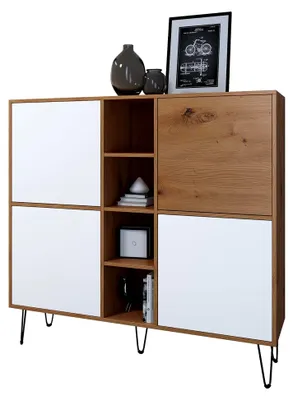 Produktbild von Highboard Havana V3, Kommode mit 4 Türen und 4 offenen Fächern, Eiche Evoke/Weiß matt (130,5 x 124 x 35 cm)