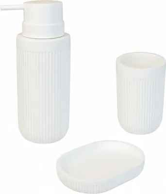 Produktbild von Relaxdays Bad Accessoires, 3-teilig, Seifenschale, Seifenspender, Zahnputzbecher, Polyresin, Bad Zubehör Set, weiß
