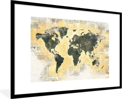 Produktbild von MuchoWow® MuchoWow® Gerahmtes Poster Weltkarte - Zeitung - Gold 90x60 cm - Poster mit zchwarzem Bilderrahmen - Wanddekoration - Fotos