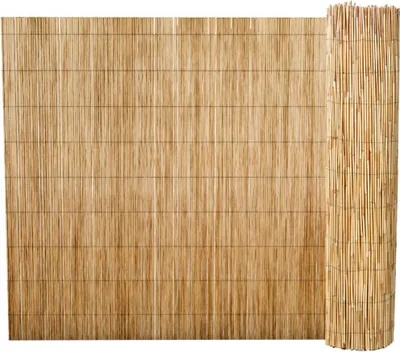 A rolled-up reed fence is shown against a white background.