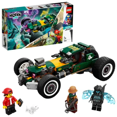 A LEGO Hidden Side set featuring a supernatural race car and minifigures, displayed with its packaging.