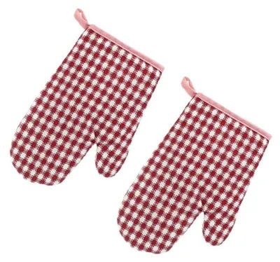 Produktbild von 1 Paar Ofenhandschuhe Baumwolle Rosa Karomuster Rutschfest Hitzebeständig