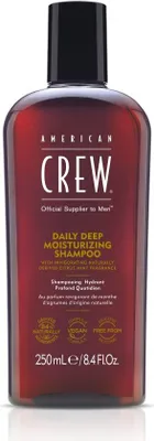 Produktbild von American Crew Daily deep moisturizing, 250 ml, Shampoo, Männer, trockenes Haar, normales Haar, aqua/water/eau, ammonium lauryl sulfate, cocamidopropyl betaine, acrylates copolymer, caprylyl..., Wet hair thoroughly. Massage a small amount into hair and scalp. Rinse well.