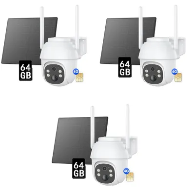 Image de lot de 3 caméras de surveillance 4G LTE, fonction panoramique/inclinaison 2K, sans fil, alimentation solaire avec panneau solaire, suivi des personnes/véhicules basé sur l'IA, 64 Go
