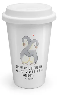 Produktbild von Mr. & Mrs. Panda Thermobecher To Go Pinguine Kuscheln - Weiß - Geschenk, Freundin, Hochzeitstag, Valentinstag, Coffee Becher, für, Thermokaffeebecher, Isolierbecher