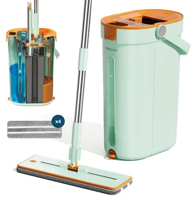 Flachwischer mit 3-Tank-System, XL-Kopf, 4 Mikrofasern, Edelstahlgriff
