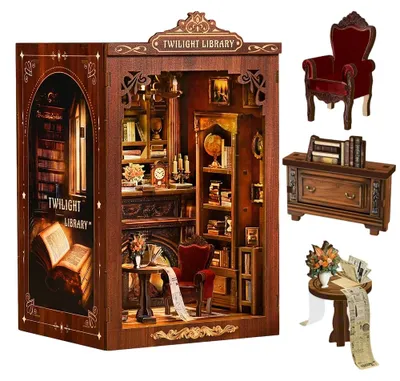 Produktbild von Miniaturbibliothek - DIY-Bausatz aus Holz - Gotisches Fenster - Flackerndes Kerzenlicht - 3D-Modell - 12 x 10,5 x 17,5 cm - Für Regal und Bücherregal