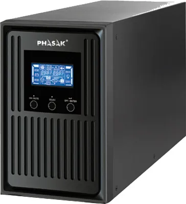 Produktbild von Online-USV, brand Phasak, Modell PH 8010 de 1000 VA, ideal für kritische Geräte de niedriger Verbrauch, mit doppelter Umwandlung, reiner Sinuswelle, ECO-Modus, SNMP und LCD-Management.