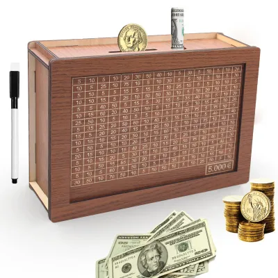 Produktbild von Spardose aus Holz mit Stift, Spardose mit Zähler und abwischbarem Stift, wiederverwendbare Spardose mit Banknotenzähler, Sparziel und Zahlen, Sparziel 5000 €