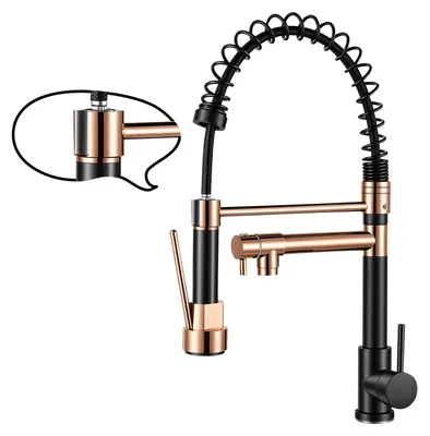 Immagine prodotto di Miscelatore da cucina UnboxG, nero e rosa oro, in ottone massiccio, con doccetta estraibile, rubinetto aggiuntivo, 2 tipi di getto, girevole a 360° e per acqua calda/fredda