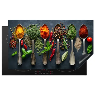 Produktbild von KitchenYeah© Herdabdeckplatte Gewürze - Löffel - Kräuter , 91x52cm, Küche Deko, Glaskeramikkochfeld Herdabdeckung, Abdeckplatte fùr Kochfeld