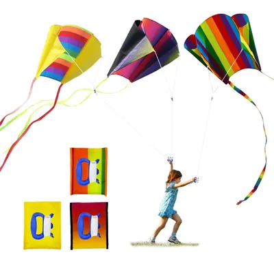 Productafbeelding van 3 kleurrijke vliegers voor jongens en meisjes, regenboogvlieger met draaktouw
