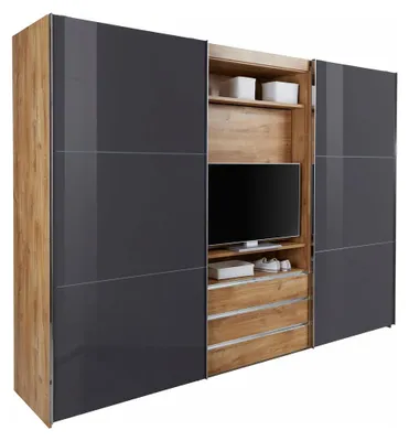 Produktbild von Schwebetürenschrank Magie Kleiderschrank Ausführung wählbar,Plankeneiche / Glasgrau,300x65x216cm