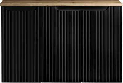 Produktbild von Waschbeckenunterschrank mit Waschplatte ‘Skelbolu‘ mit 3 Türen 90 x 60 x 40 cm gerillt Schwarz / Eichenoptik