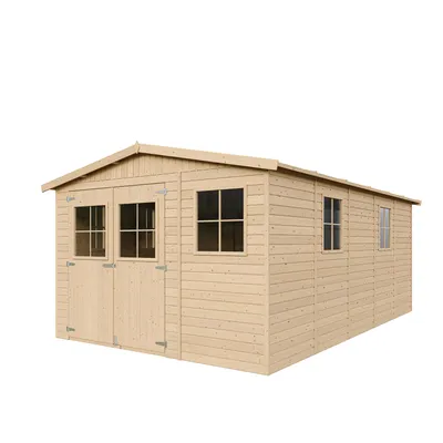 A wooden garden shed with windows and double doors, presented on a white background.