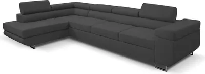 A dark gray sectional sofa is shown from a slightly elevated, diagonal angle against a white background.