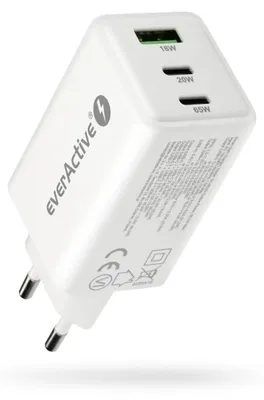 Immagine prodotto di Caricabatterie everActive GaN con 1 porta USB e 2 porte USB-C, Quick Charge 4+, 65 W, bianco