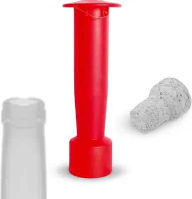 A red wine corker and a cork are shown against a white background, with a blurred bottle neck on the left.