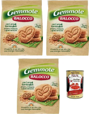 Produktbild von Balocco Gemmole Biscotti Integrali Vollkornkekse Kekse Biscuits mit einer Mischung aus feinem gekeimtem Getreide und mit braunen Zucker Körnern 3x 700g + Italian Gourmet polpa 400g