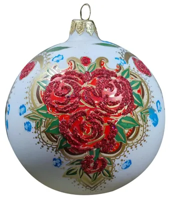 Productafbeelding van Kerstbal van glas, 10 cm, wit met folkloristische bloemen, voor kerstdecoratie