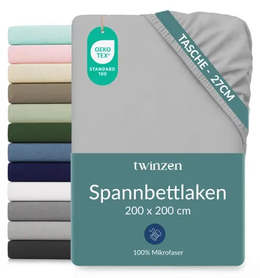 Obrázek produktu pro Bavlněné prostěradlo na matraci Twinzen, mikrovlákno, 200x200 cm, šedá barva, výška matrace 25 cm