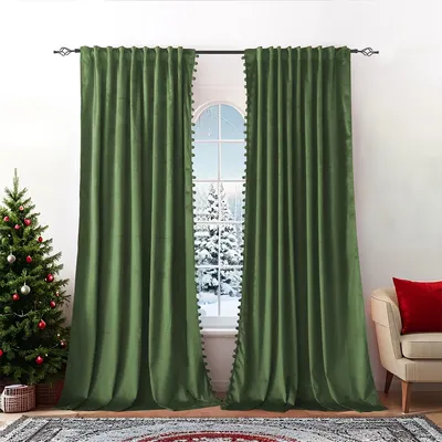Produktbild von Samt Vorhänge mit Pompon 2er Set Verdunkelungsvorhänge mit Kräuselband Blickdicht Vorhang Gardinen für Wohnzimmer Schlafzimmer, B132xH214cm, Grün