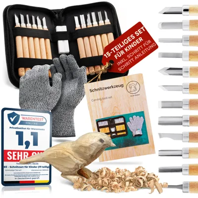 Immagine prodotto di Eli® Set da intaglio per bambini (15 pezzi) – 12 utensili da intaglio di alta qualità – coltello da intaglio con pietra per affilare – pratica borsa p