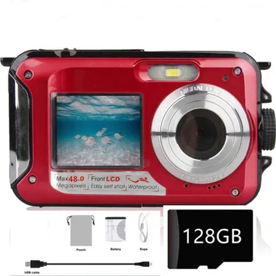 Produktbild von 2,7K Unterwasserkamera, 48 MP, Autofokus wasserdichte Kamera, Dual Screen Selfie Kamera, schwimmfähige Digitalkamera mit 128 GB Speicherkarte