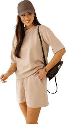 Produktbild von Damen Zweiteiler Set Shorts & Shirt – Sommer Outfit bequem & modern Beige/L/XL