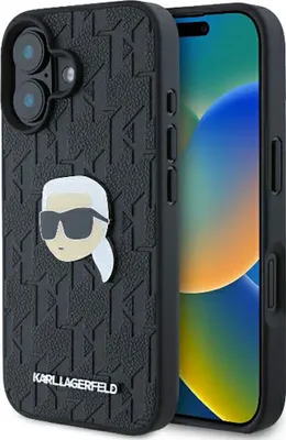 Obrázok produktu pre Karl Lagerfeld kožený kryt s monogramom na iPhone 16 (KLHCP16SPGKLKIPK) - Karl Head Pin
