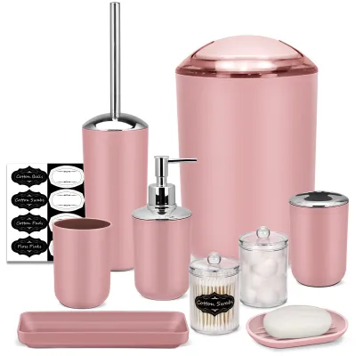 Image de Ensemble d'accessoires de salle de bain IMAVO – Ensemble de 8 pièces rose pour salle de bain, comprenant un pot à déchets