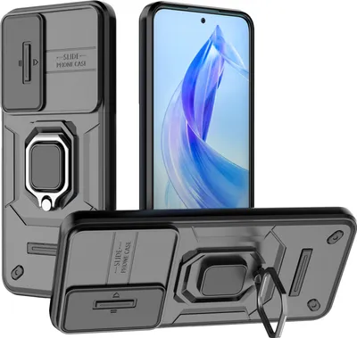 Obrázek produktu pro Pouzdro pro Honor 90 Lite dvouvrstvé pouzdro s posuvnou ochranou kamery a držákem prstenu, stojánek černé