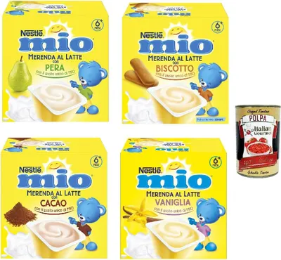 Produktbild von TestPaket MIO Snack 1x MIO Vanille-Milch-Snack, 1x MIO Milchsnack mit Birne, 1x Mio Snack mit Kakaomilch, 1x Mio -Keks-MilchSnack+ Italian Gourmet polpa 400g