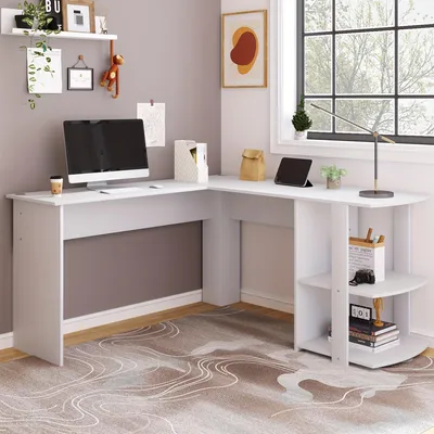 Produktbild von Eckschreibtisch – Computertisch – L-förmiger Schreibtisch – Schreibtischplatte – Arbeitsplatz – Weiß – 140x140 cm – Mit 2 Ablageflächen