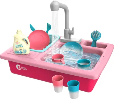 Produktbild von CUTE STONE Küchenspielzeug Küchenspüle Spielzeug Set mit Warmwasserhahn Farbwechsel Geschirr, Wasser-Recycling Spielküche Waschbecken für Kinder ab 3 Jahre (Rosa)