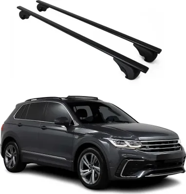 A dark gray SUV with black roof racks installed.