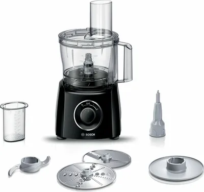 A black Bosch food processor with various attachments is displayed on a white background.
